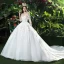 Chic / Beautiful White Wedding Dresses 2018 Ball Gown Lace Appliques Pearl Off-The-Shoulder Backless Short Sleeve Cathedral Train Wedding