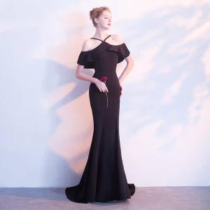 Simple Noir Robe De Soirée 2018 Trompette Sirène Bustier Dos Nu Sans Manches Longue Robe De Ceremonie