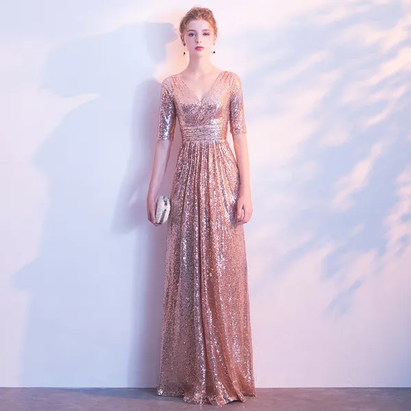 Glitzernden Rosa Gold Abendkleider 2018 A Linie Pailletten V-Ausschnitt Rückenfreies 1/2 Ärmel Lange Festliche Kleider