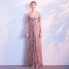 Sparkly Blushing Pink Gold Evening Dresses  2018 A-Line / Princess Sequins V-Neck Backless 1/2 Sleeves Floor-Length / Long Formal Dresses