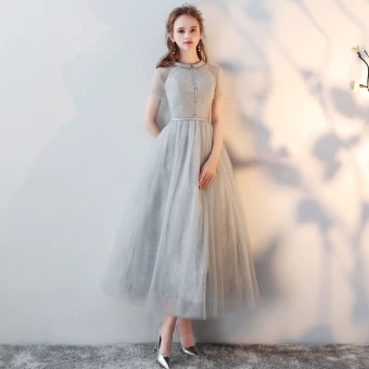 Chic Beautiful Grey Homecoming Graduation Dresses 2018 A Line Princess Scoop Neck Short Sleeve Tea Length Formal Dresses