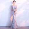 Chic / Beautiful Grey Evening Dresses  2018 Trumpet / Mermaid Lace Flower Off-The-Shoulder Backless 1/2 Sleeves Floor-Length / Long Formal Dresses