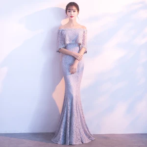 Hermoso Gris Vestidos De Noche 2018 Trumpet Mermaid Con Encaje Flor Fuera Del Hombro Sin Espalda 1 2 Ærmer Largos Vestidos Formales