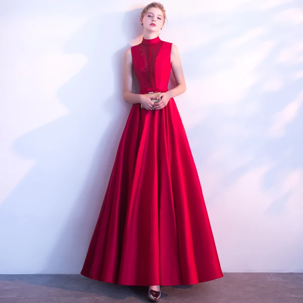Chic / Belle Bordeaux Robe De Soirée 2018 Princesse Perlage Noeud Col Haut Sans Manches Longue Robe De Ceremonie