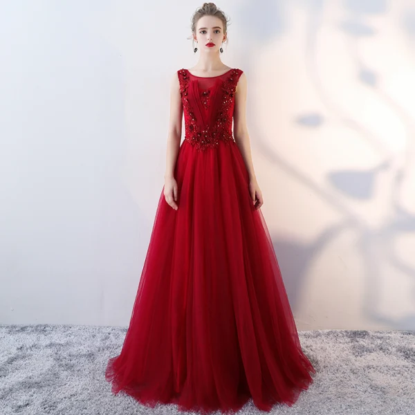 Chic / Belle Robe De Soirée 2018 Princesse En Dentelle Appliques Paillettes Faux Diamant Encolure Dégagée Sans Manches Longue Robe De Ceremonie
