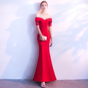 Chic Belle Rouge Robe De Soirée 2018 Trompette Sirène Encolure Dégagée Dos Nu Manches Courtes Longue Robe De Ceremonie