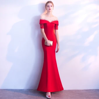 Chic Belle Rouge Robe De Soirée 2018 Trompette Sirène Encolure Dégagée Dos Nu Manches Courtes Longue Robe De Ceremonie
