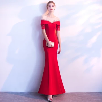Chic Belle Rouge Robe De Soirée 2018 Trompette Sirène Encolure Dégagée Dos Nu Manches Courtes Longue Robe De Ceremonie