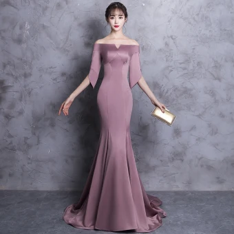 Chic Beautiful Evening Dresses 2018 Trumpet Mermaid Off The Shoulder Backless 1 2 Sleeves Sweep Train Formal Dresses