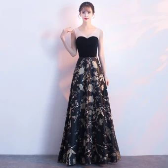 Elegant Black Gold Evening Dresses 2018 A Line Princess Embroidered V Neck Backless Sleeveless Floor Length Long Formal Dresses