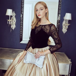 Élégant Champagne Robe De Soirée 2018 Princesse En Dentelle Fleur Paillettes Noeud Encolure Dégagée Dos Nu Manches Longues Longue Robe De Ceremonie