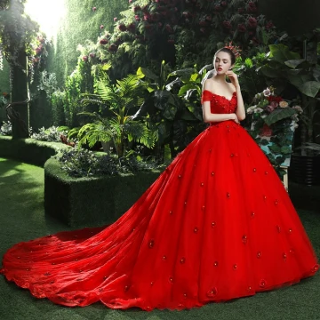 Chic Belle Rouge Robe De Mariée 2018 Robe Boule Appliques Perlage Faux Diamant V Cou Dos Nu Sans Manches Royal Train Mariage