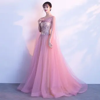 Chic Beautiful Blushing Pink Evening Dresses 2018 A Line Princess Lace Flower Crystal Scoop Neck Backless Sleeveless Watteau Train Formal Dresses