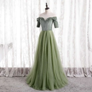 Glamour Vert Cendré Robe De Bal 2021 Princesse Encolure Dégagée Daim 1 2 Manches Dos Nu Longue Robe De Ceremonie