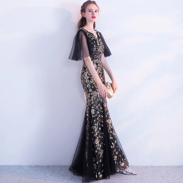 Chic / Beautiful Black Gold Evening Dresses 2018 Trumpet / Mermaid Sequins V-Neck Backless 1/2 Sleeves Floor-Length / Long Formal Dresses