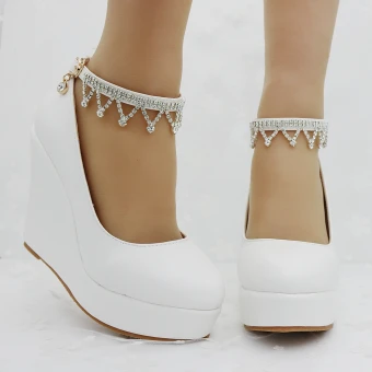 Chic Beautiful White Casual Womens Shoes 2018 Rhinestone Ankle Strap 9 Cm Wedges Round Toe