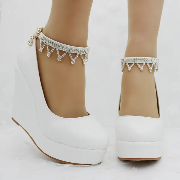 Chic / Beautiful White Casual Womens Shoes 2018 Rhinestone Ankle Strap ...