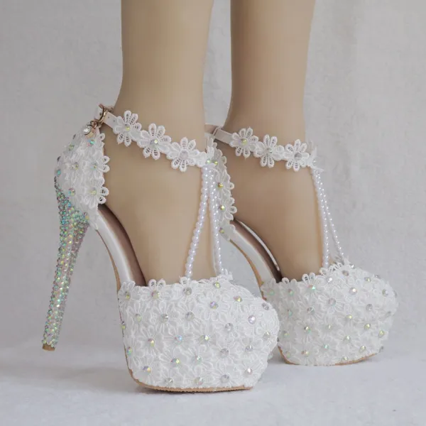 Elegant White Wedding Shoes 2018 Lace Flower Ankle Strap Pearl Rhinestone 14 cm Stiletto Heels Round Toe Wedding High Heels