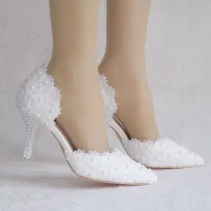 Chic Beautiful White Womens Shoes 2018 Lace Pearl 7 Cm Stiletto Heels Pointed Toe Wedding High Heels