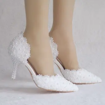 Fine Hvit Damesko 2018 Blonder Perle 7 Cm Stiletthæler Spisse Bryllup Høyhælte