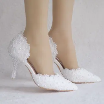 Chic Belle Blanche Chaussures Femmes 2018 En Dentelle Perle 7 Cm Talons Aiguilles À Bout Pointu Mariage Talons Hauts