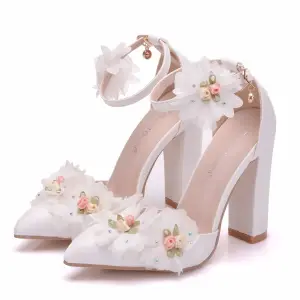 Moderne Mode Blanche Jardin Extérieur Chaussures Femmes 2018 Appliques Bride Cheville 10 Cm Talons Épais À Bout Pointu Talons Hauts