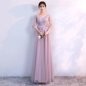 Chic Belle Robe Demoiselle D 039 Honneur 2018 Princesse Appliques Perlage Ceinture V Cou Dos Nu 1 2 Manches Longue Robe Pour Mariage