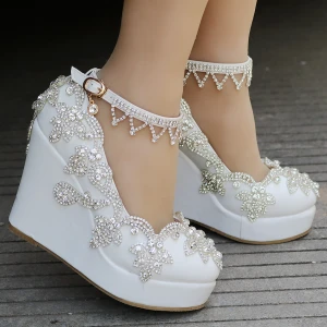 Moderne Mode Blanche Désinvolte Chaussures Femmes 2018 Faux Diamant Bride Cheville 10 Cm Compensées Plateforme À Bout Rond