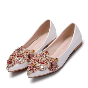 Snygga Fina Vita Casual Damskor 2018 Kristall Rhinestone Spetsiga Platt