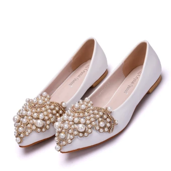 Chic Belle Blanche Désinvolte Chaussures Femmes 2018 Perle Faux Diamant À Bout Pointu Plate