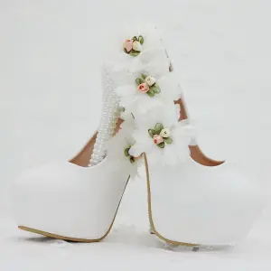 Mote Elfenben Aften Pumps 2018 Appliques 14 Cm Perle Stiletthæler Rund Tå Pumps