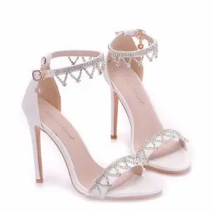 Modern Fashion White Evening Party Womens Sandals 2018 Rhinestone Ankle Strap 11 Cm Stiletto Heels Open Peep Toe Sandals