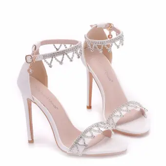 Modern Fashion White Evening Party Womens Sandals 2018 Rhinestone Ankle Strap 11 Cm Stiletto Heels Open Peep Toe Sandals