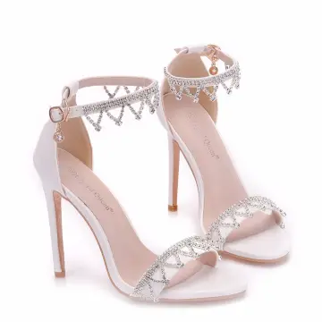 Moderne Mode Blanche Soirée Sandales Femme 2018 Faux Diamant Bride Cheville 11 Cm Talons Aiguilles Peep Toes Bout Ouvert Sandales