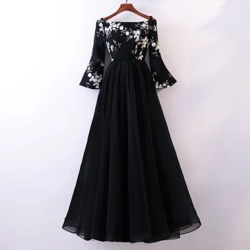 Chic Beautiful Black Evening Dresses 2018 A Line Princess Lace Flower Off The Shoulder Long Sleeve Floor Length Long Formal Dresses