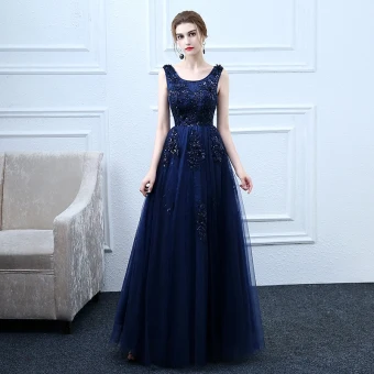 Élégant Bleu Marine Robe De Bal 2018 Princesse En Dentelle Fleur Paillettes Encolure Dégagée Dos Nu Sans Manches Longue Robe De Ceremonie