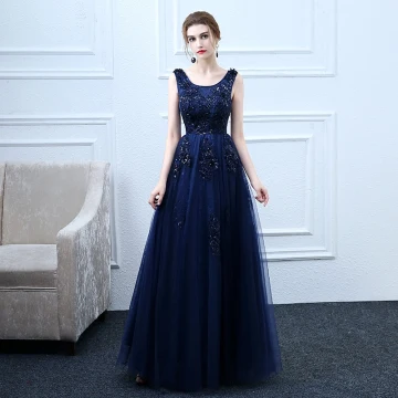 Elegant Navy Blue Prom Dresses 2018 A Line Princess Lace Flower Sequins Scoop Neck Backless Sleeveless Floor Length Long Formal Dresses