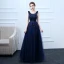 Elegant Navy Blue Prom Dresses 2018 A-Line / Princess Lace Flower Sequins Scoop Neck Backless Sleeveless Floor-Length / Long Formal Dresses