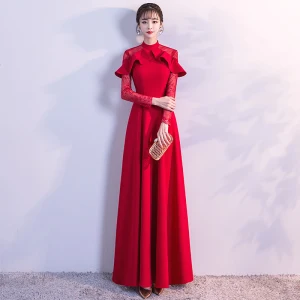 Chic Belle Rouge Robe De Soirée 2018 Empire En Dentelle Fleur Col Haut Manches Longues Longue Robe De Ceremonie