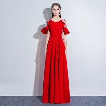 Chic Beautiful Red Evening Dresses 2018 A Line Princess Sash Scoop Neck See Through 1 2 Sleeves Floor Length Long Formal Dresses
