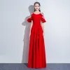 Chic / Belle Rouge Robe De Soirée 2018 Princesse Ceinture Encolure Dégagée Transparentes 1/2 Manches Longue Robe De Ceremonie