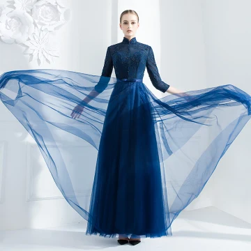 Chinese Style Navy Blue Evening Dresses 2018 A Line Princess Beading Sequins Bow High Neck 3 4 Sleeve Ankle Length Formal Dresses