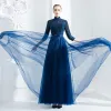 Chinese style Navy Blue Evening Dresses  2018 A-Line / Princess Beading Sequins Bow High Neck 3/4 Sleeve Ankle Length Formal Dresses