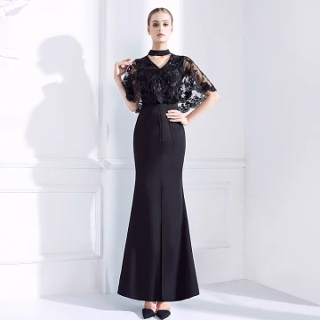 Chic Beautiful Black Evening Dresses 2018 Trumpet Mermaid V Neck Lace 1 2 Sleeves Ankle Length Formal Dresses