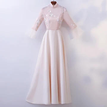 Chic Beautiful Champagne Prom Dresses 2018 A Line Princess Lace Flower High Neck 3 4 Sleeve Floor Length Long Formal Dresses
