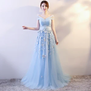 Élégant Bleu Ciel Robe De Soirée 2018 Empire Papillon Appliques Noeud Ceinture V Cou Sans Manches Longue Robe De Ceremonie