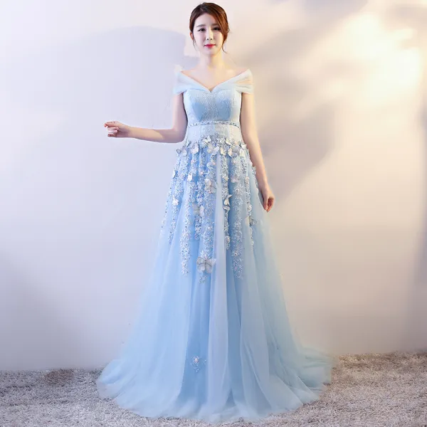 Elegant Sky Blue Evening Dresses  2018 Empire Butterfly Appliques Bow Sash V-Neck Sleeveless Floor-Length / Long Formal Dresses
