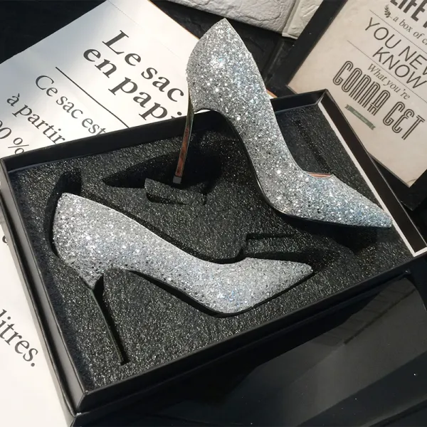 Sparkly Silver Wedding Shoes 2018 Sequins Pointed Toe High Heels