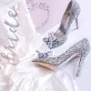 Sparkly Silver Cinderella Wedding Shoes 2018 Crystal Rhinestone Leather Pointed Toe High Heels