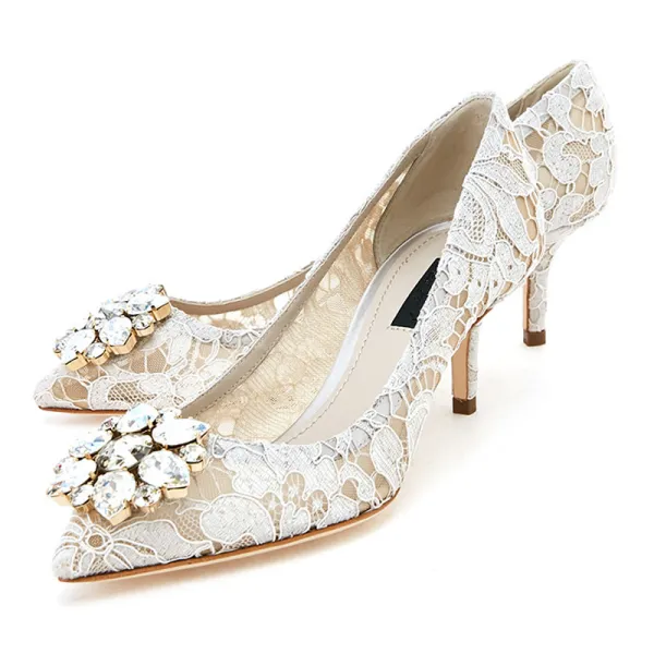 Chic / Beautiful Ivory Wedding Shoes 2018 Lace Rhinestone Pointed Toe High Heels
